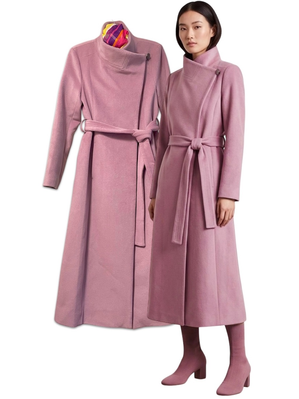 NWT Kenneth Cole Mauve Dusty Purple Wool Fenced Collar Maxi belted Coat 10